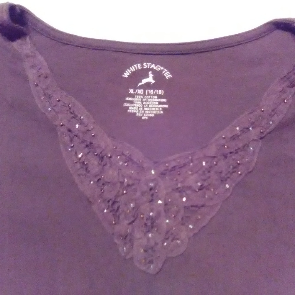 Ladies White Stag Top Brown Embroider Neck XL
